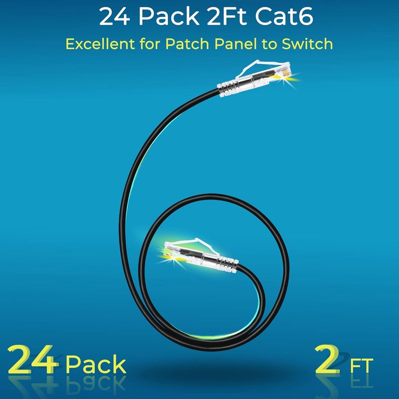 Rapink Patch Cables Cat6/ Cat6a 2ft (24 Pack) Slim, Cat6a Ethernet Patch Cable 10G Support, Snagless Cat 6 Patch Cable for Patch Panel to Switch, Flexiable Cat6 Ethernet Cable Black - Image 2